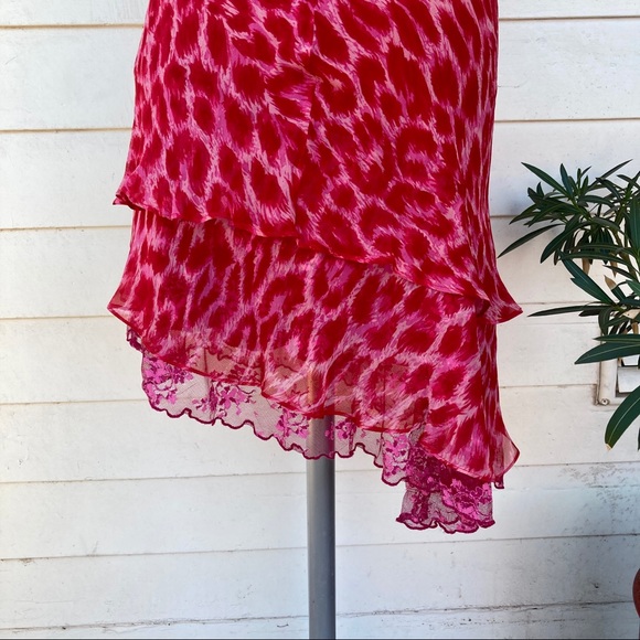 Vintage Betsey Johnson 90s 2000s Midi Animal Print silk asymmetrical red pink - Picture 3 of 16